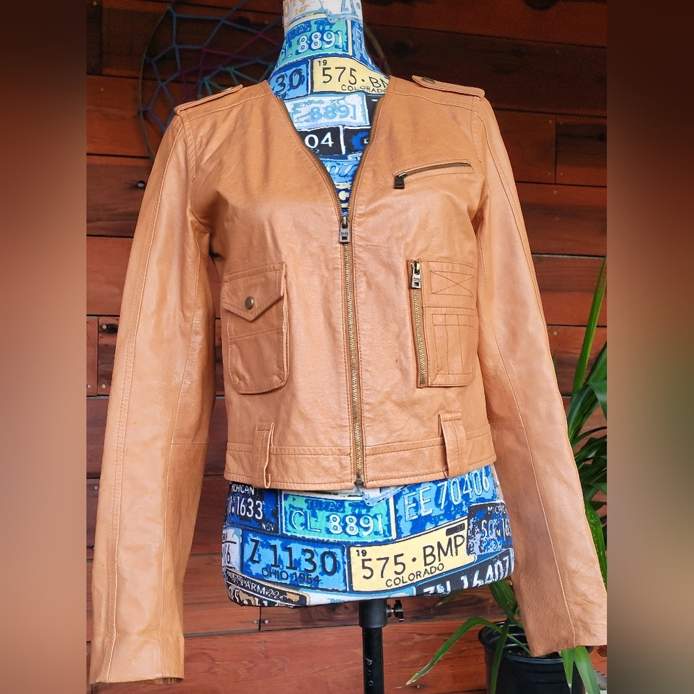 Marc New York Andrew Marc Genuine Tan Leather Moto- Jacket Coat Size Small - Picture 1 of 8